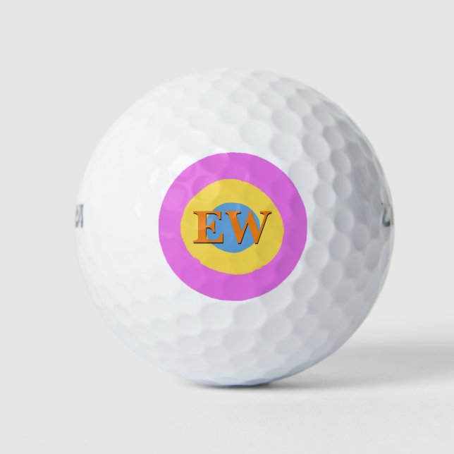 Pink Yellow Light Blue Monogram Custom Text Golf Balls (Front)