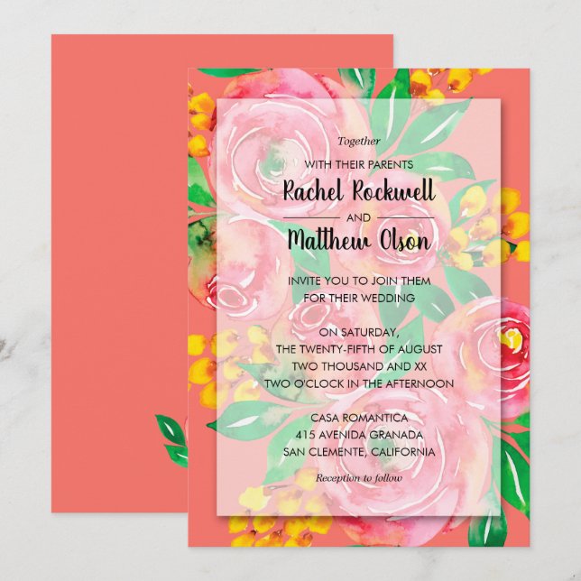 Pink, Yellow, Living Coral Floral Wedding Invites (Front/Back)