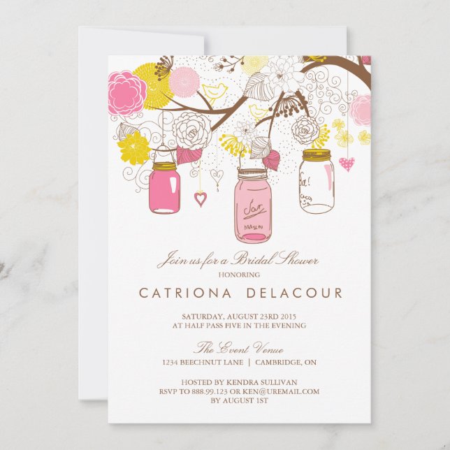 Pink & Yellow Mason Jars Bridal Shower Invitation (Front)