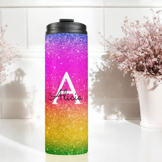 Pink Yellow Monogram Rainbow Sparkle Thermal Tumbler