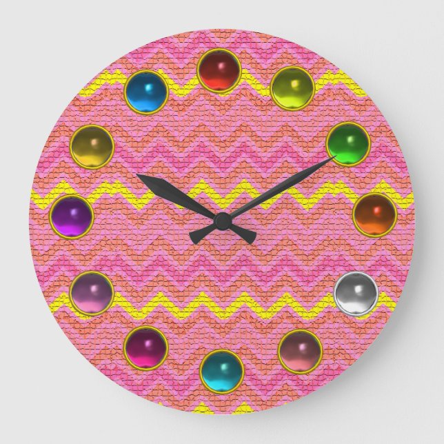 PINK YELLOW MOSAIC CHEVRON AND COLORFUL GEMSTONES LARGE CLOCK (Front)
