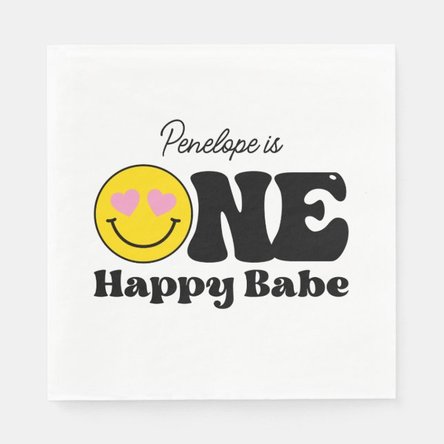 Pink Yellow One Happy Babe First Birthday Napkin (Front)