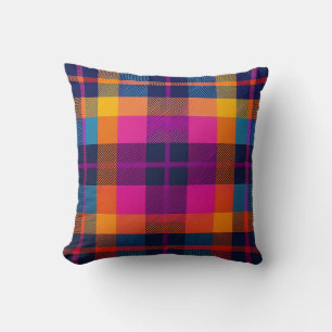 Pink Yellow Orange Blue Colourful Pretty Plaid Throw Pillow