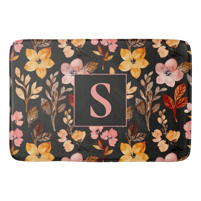 Pink Yellow Orange Floral Black Monogrammed  Bath Mat (Front)