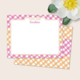 Pink & Yellow Orange Preppy Gingham Stationery Card
