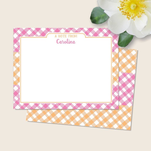 Pink & Yellow Orange Preppy Gingham Stationery Card (Creator Uploaded)