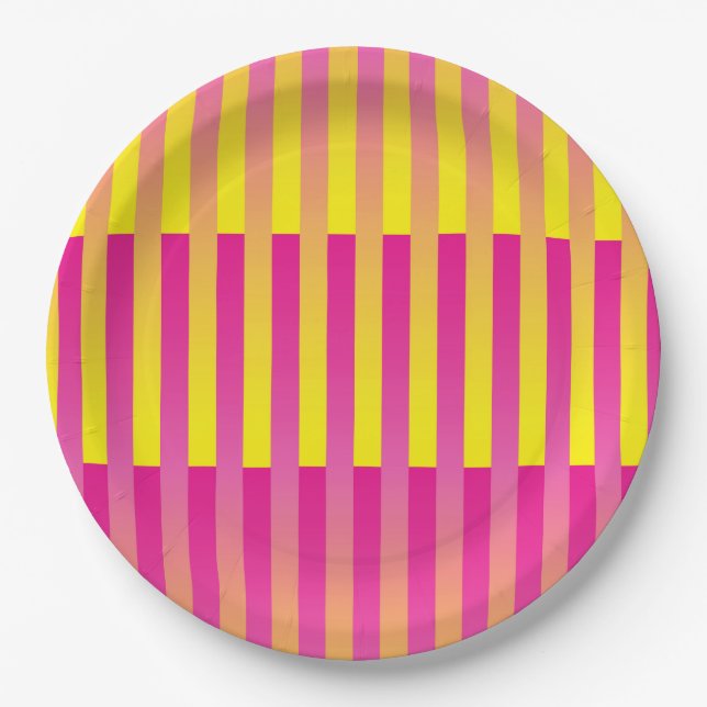 Pink Yellow Orange Striped Pattern Paper Plate (Front)