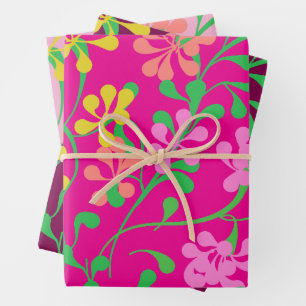 Pink Yellow Orange  wildflowers Boho  Floral Wrapping Paper Sheet