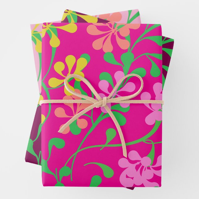 Pink Yellow Orange  wildflowers Boho  Floral Wrapping Paper Sheet (In situ)