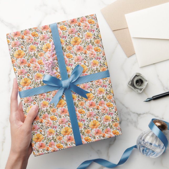 Pink Yellow Orange Wildflowers Bridal Shower Baby Wrapping Paper (Gifting)