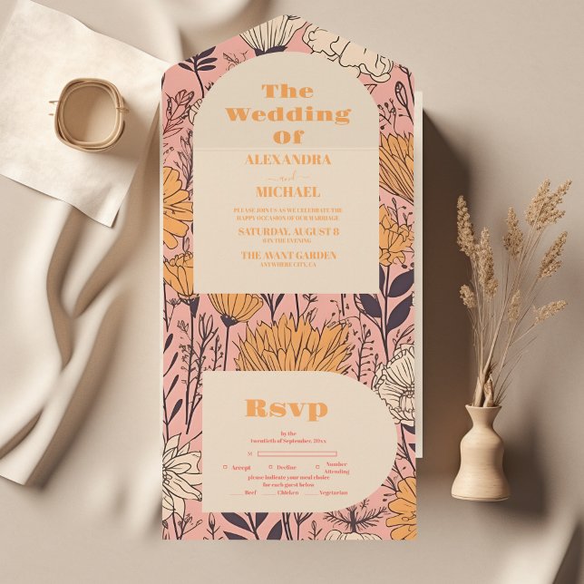  Pink Yellow Orange Wildflowers Wedding All In One Invitation (Creator Uploaded)