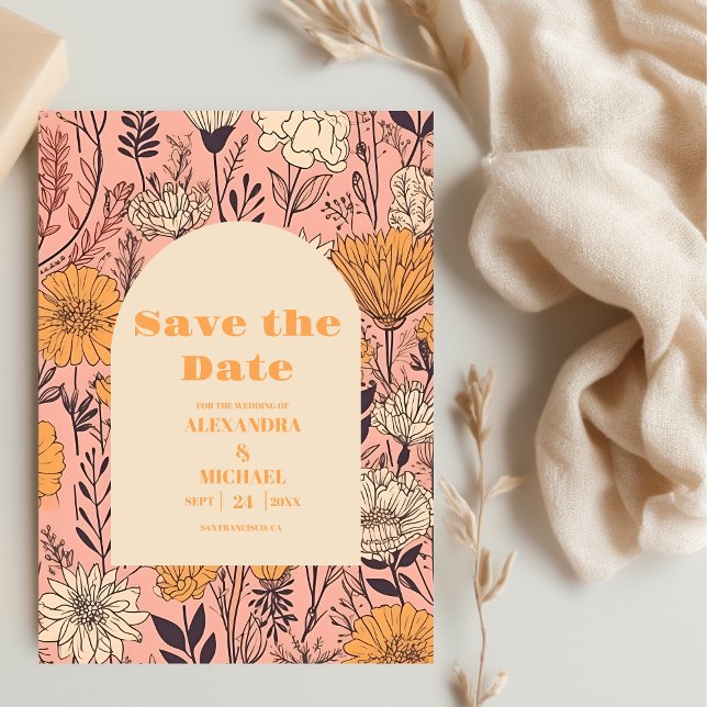  Pink Yellow Orange Wildflowers Wedding Save The Date (Creator Uploaded)