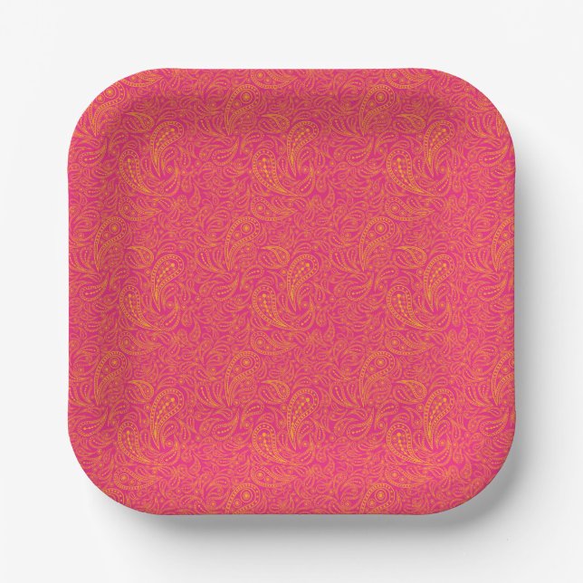 Pink yellow paisley pattern paper plate (Front)