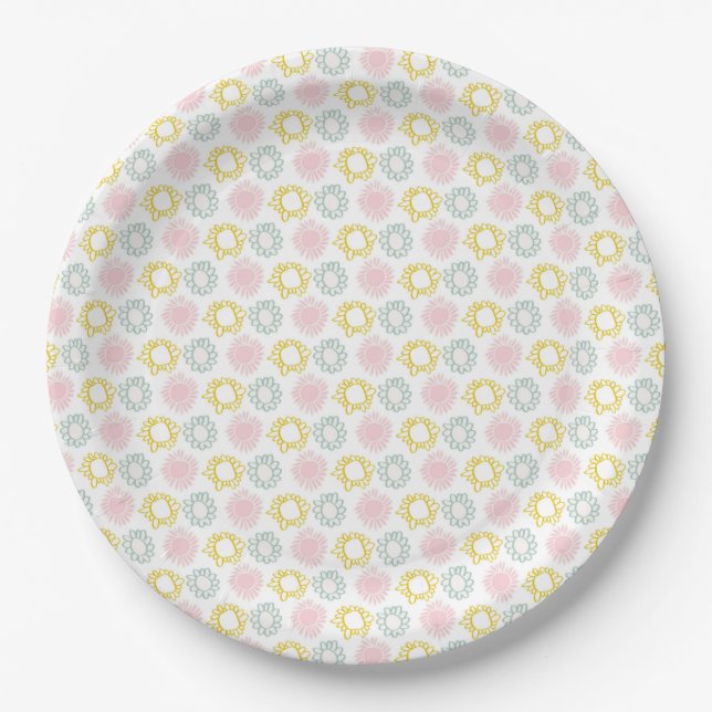 Pink & Yellow Pastel Spring Flowers Paper Plate (Front)