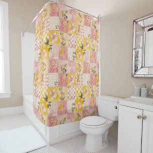Pink Yellow Patchwork Quilt Rustic Floral Retro