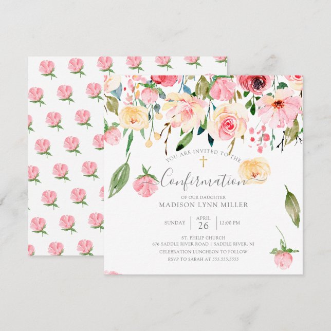 Pink Yellow Peonies Rose Floral Confirmation Invitation (Front/Back)