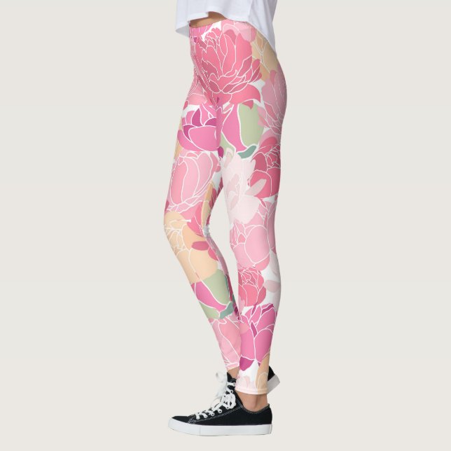 Pink, Yellow Peony Floral Leggings (Left)