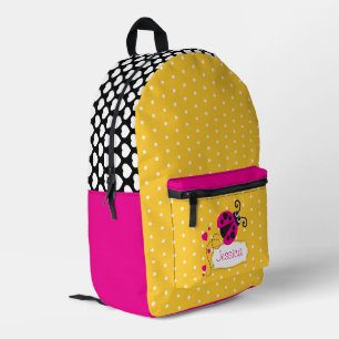 Pink & yellow polka dot & ladybug name  printed backpack