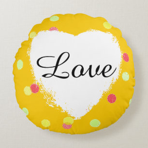 pink, yellow polka dots & white heart love round pillow