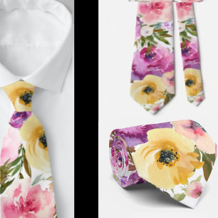 Pink Yellow Purple Spring Flowers Floral Neck Tie