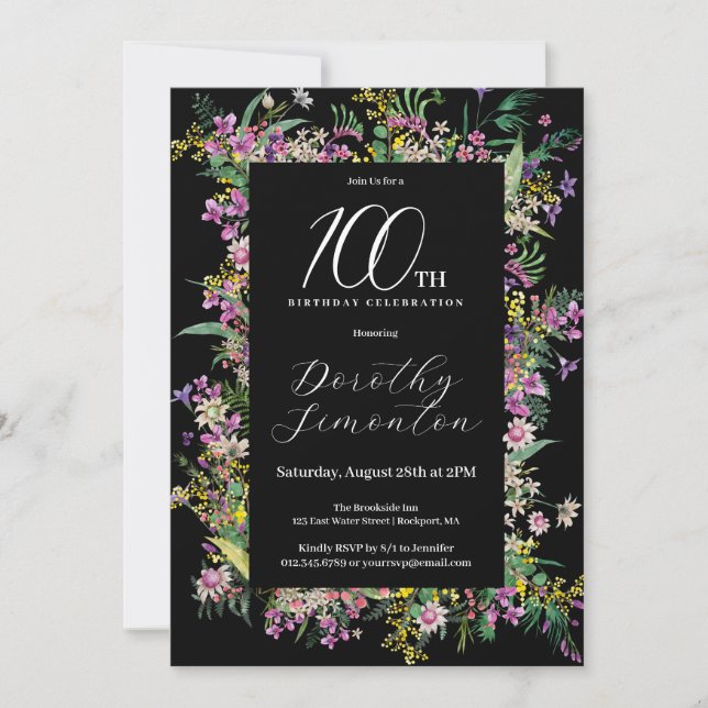  Pink Yellow Purple Wildflowers 100th Birthday Invitation (Front)
