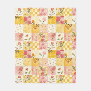 Pink Yellow Quilt Patchwork Gingham Cottagecore Fleece Blanket