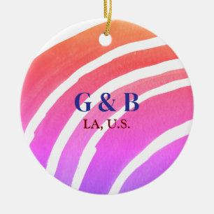 Pink yellow rainbow add couple name place city wed ceramic ornament