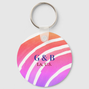 Pink yellow rainbow add couple name place city wed keychain