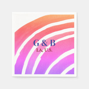 Pink yellow rainbow add couple name place city wed napkin