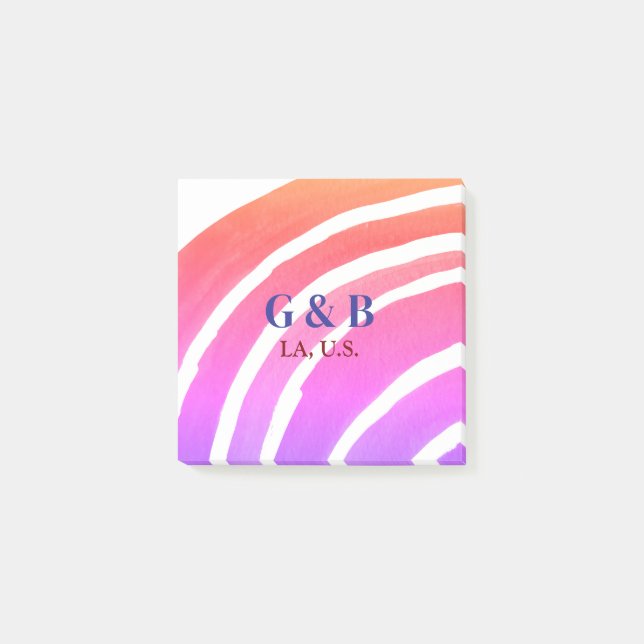 Pink yellow rainbow add couple name place city wed post-it notes (Front)