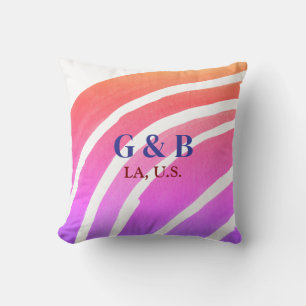 Pink yellow rainbow add couple name place city wed throw pillow