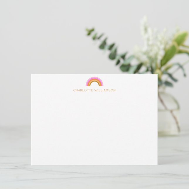 Pink Yellow Rainbow Personalized Name Stationery Card (Standing Front)