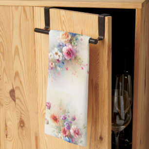 Pink Yellow Red Blue Green Chic Watercolor Floral Kitchen Towel