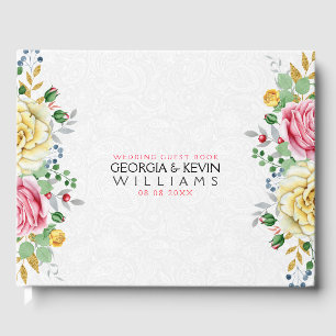 Pink & Yellow Rose Floral Bouquet Guest Book