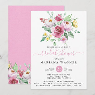 Pink Yellow Roses Floral Bridal Shower Invitation