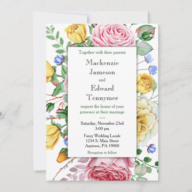Pink Yellow Roses Floral Wedding Invitation (Front)