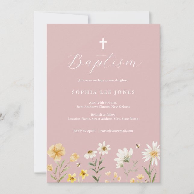 Pink Yellow Spring Floral Baptism Invitation (Front)