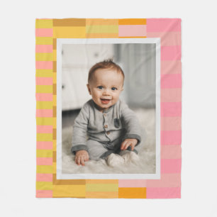 Pink Yellow Stripe Border Photo Baby Personalized Fleece Blanket