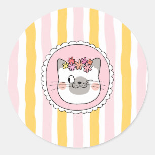 Pink Yellow Stripes Cat Classic Round Sticker