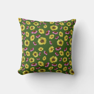 Pink Yellow Sunflower Coneflower Summer Pattern Throw Pillow