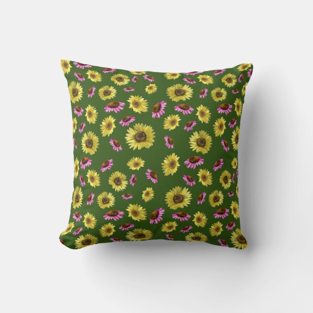 Pink Yellow Sunflower Coneflower Summer Pattern Throw Pillow (Front)