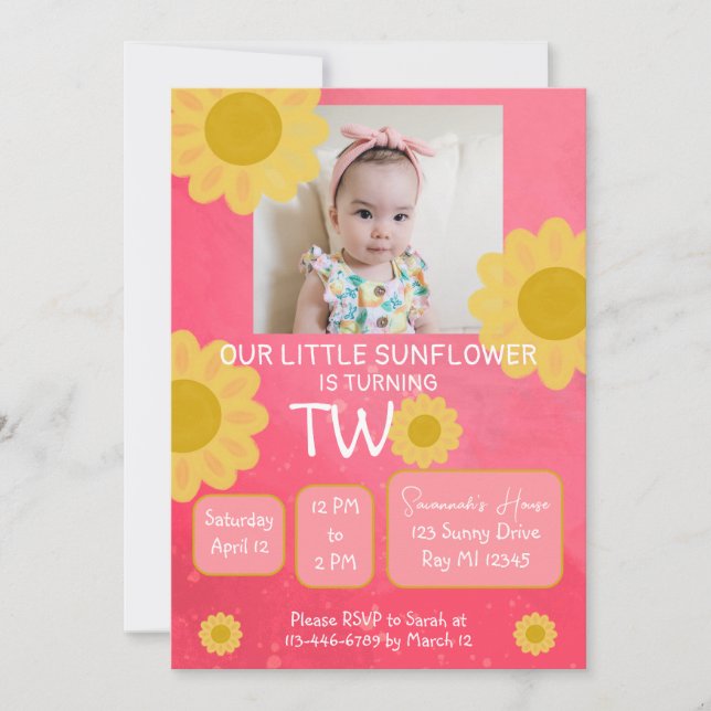 Pink Yellow Sunflower Second Birthday Photo  Invitation (Front)