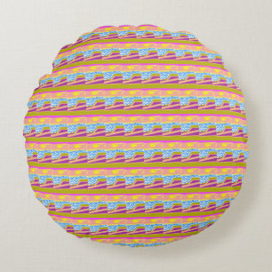Pink Yellow Sunset Big Boat Blue Waves Abstract Round Pillow