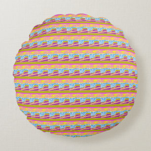 Pink Yellow Sunset Purple Boat Blue Waves Abstract Round Pillow