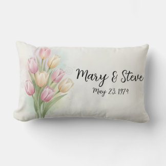 Pink & Yellow Tulip Flower Bouquet Anniversary Lumbar Pillow
