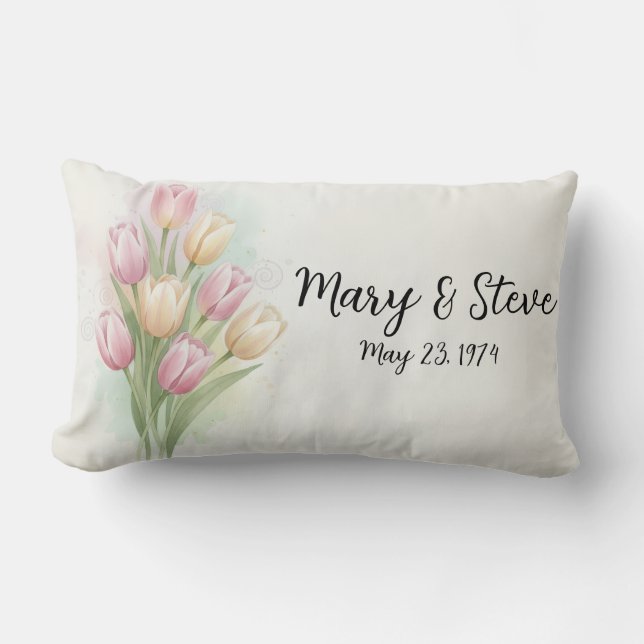 Pink & Yellow Tulip Flower Bouquet Anniversary Lumbar Pillow (Front)