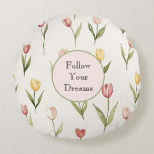 Pink Yellow Tulips Daffodils Flowers Dreams Round Pillow