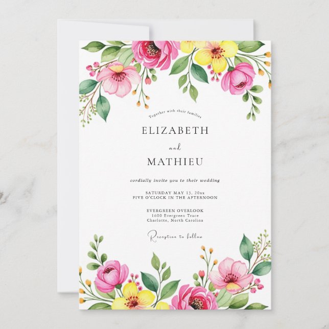 Pink Yellow Vibrant Spring Wedding Invitation (Front)
