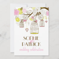 Pink & Yellow Vintage Birdcages Wedding Invitation