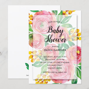 Pink Yellow Watercolor Floral Baby Shower Invites